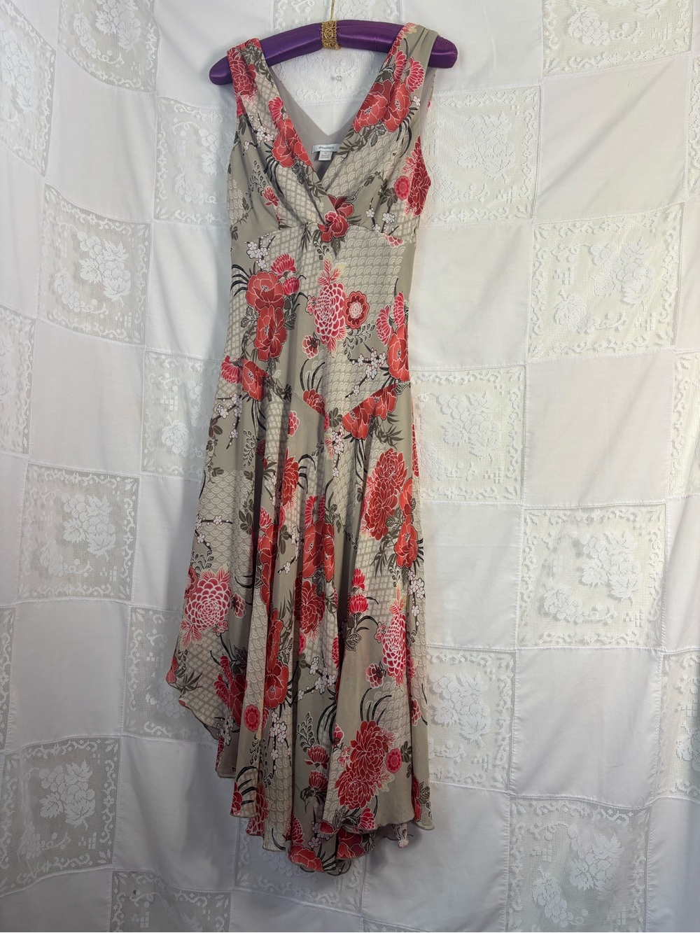 Tan+Red Floral Bias Cut Asymmetrical Hem Whimsy Cottage Fairy Dress Size M-L‎ - Picture 3 of 15